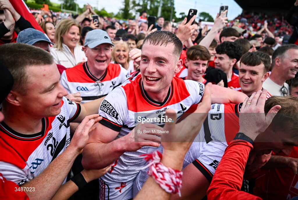 14 June 2026; Ciaran Byrne of Louth celebrates after the GAA Football All-Ireland Senior Championship Round 2A match between Louth and Armagh at Páirc Grattan in Inniskeen, Monaghan. Photo by Ben McShane/Sportsfile