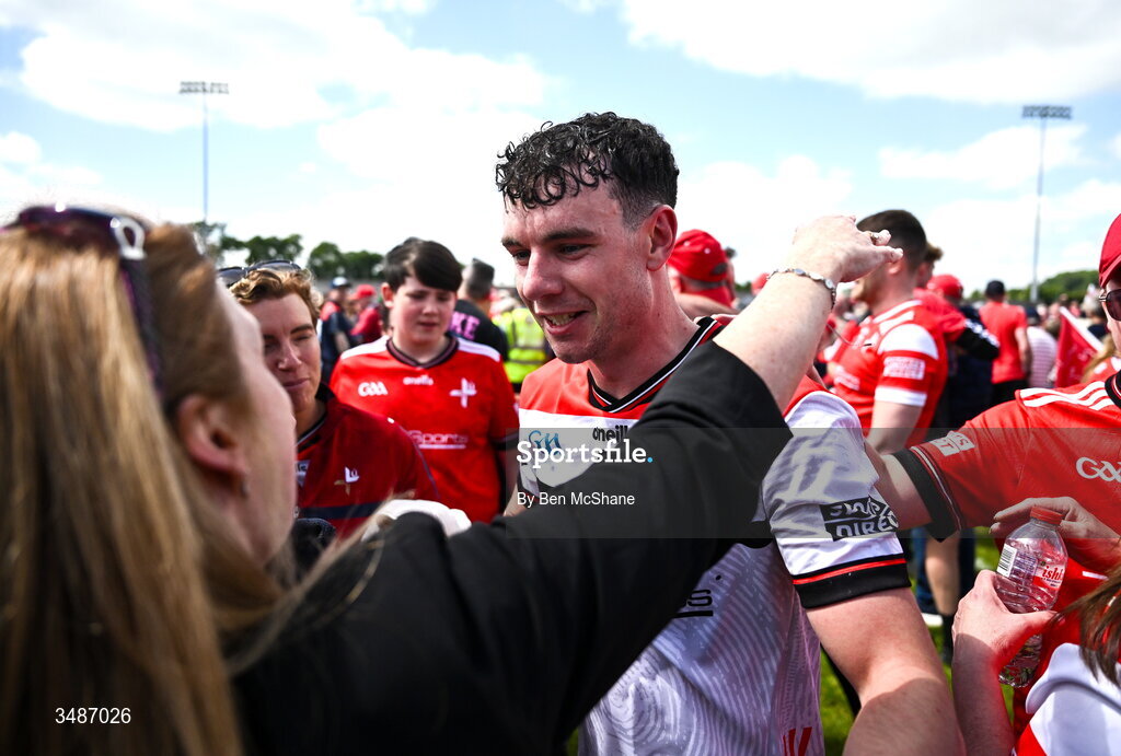 14 June 2026; Craig Lennon of Louth celebrates with supporters after the GAA Football All-Ireland Senior Championship Round 2A match between Louth and Armagh at Páirc Grattan in Inniskeen, Monaghan. Photo by Ben McShane/Sportsfile