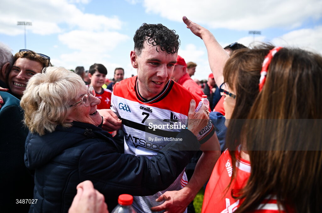 14 June 2026; Craig Lennon of Louth celebrates with supporters after the GAA Football All-Ireland Senior Championship Round 2A match between Louth and Armagh at Páirc Grattan in Inniskeen, Monaghan. Photo by Ben McShane/Sportsfile
