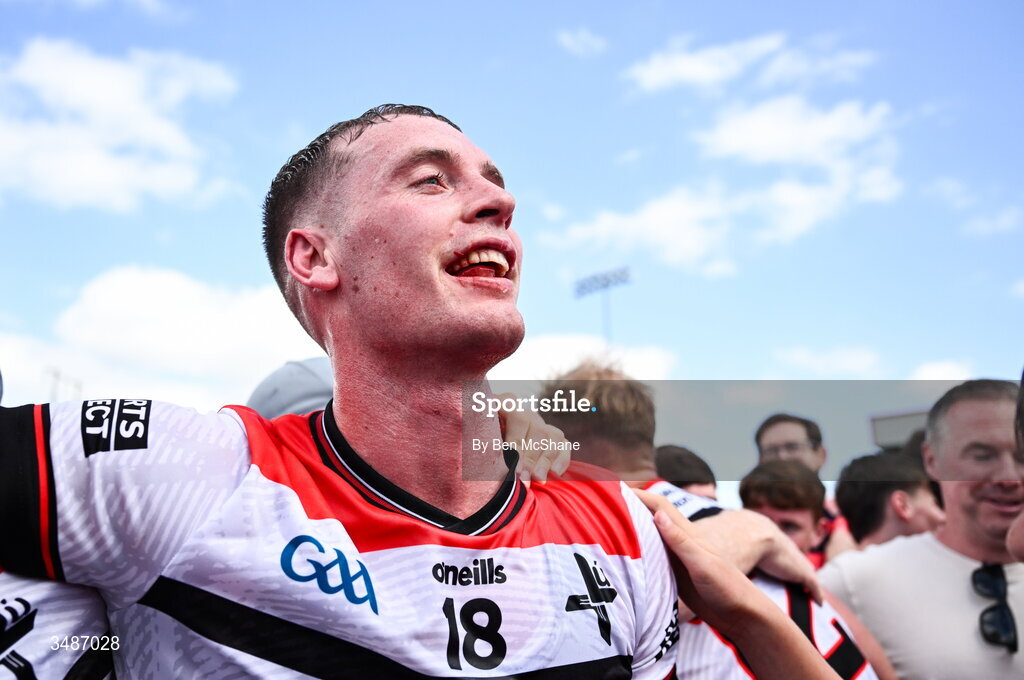 14 June 2026; Ciaran Byrne of Louth celebrates after the GAA Football All-Ireland Senior Championship Round 2A match between Louth and Armagh at Páirc Grattan in Inniskeen, Monaghan. Photo by Ben McShane/Sportsfile