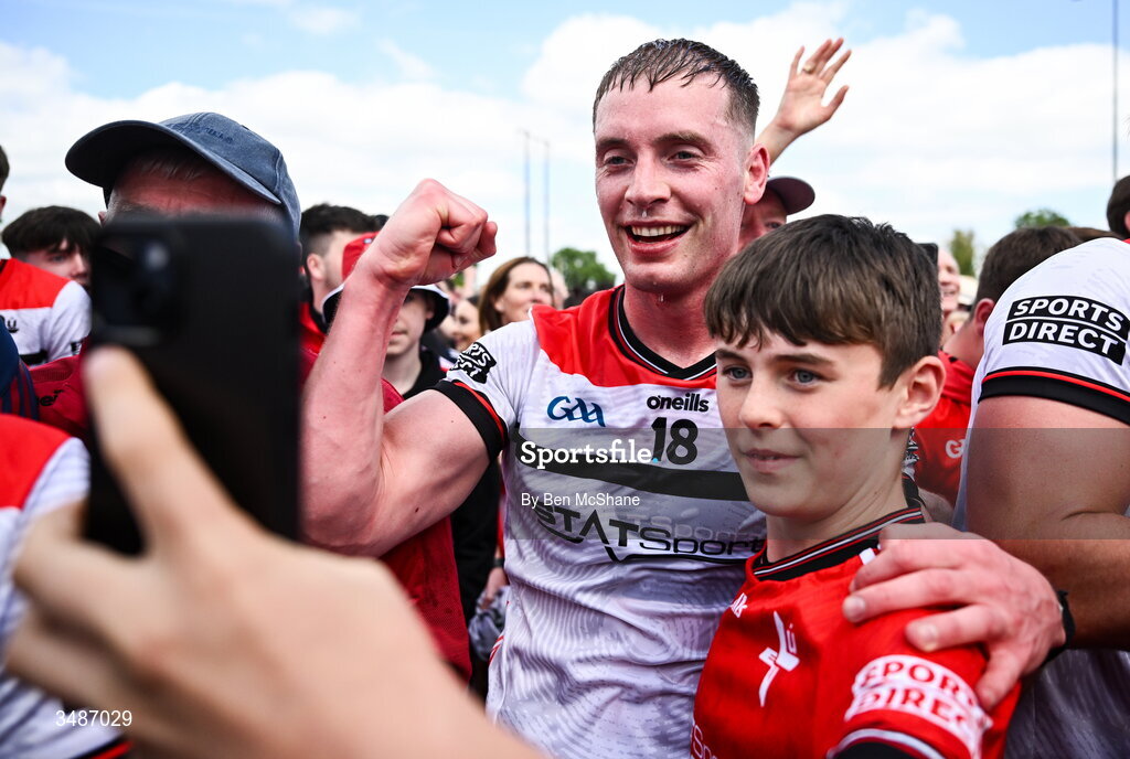 14 June 2026; Ciaran Byrne of Louth celebrates with supporters after the GAA Football All-Ireland Senior Championship Round 2A match between Louth and Armagh at Páirc Grattan in Inniskeen, Monaghan. Photo by Ben McShane/Sportsfile
