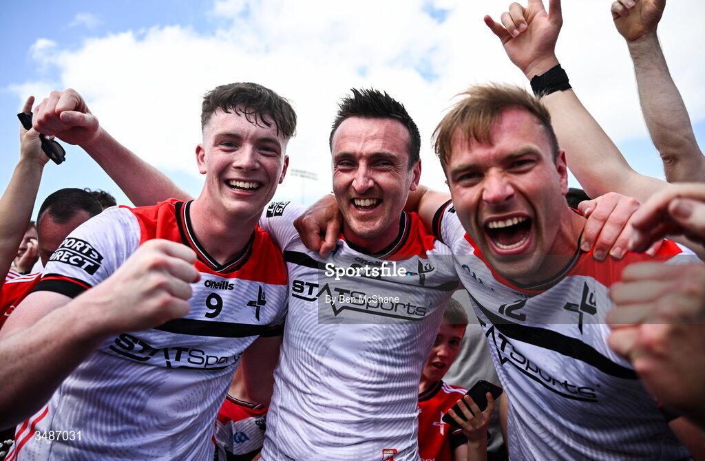 14 June 2026; Louth players, from left, James Maguire, Tommy Durnin and Conor Grimes celebrate after the GAA Football All-Ireland Senior Championship Round 2A match between Louth and Armagh at Páirc Grattan in Inniskeen, Monaghan. Photo by Ben McShane/Sportsfile
