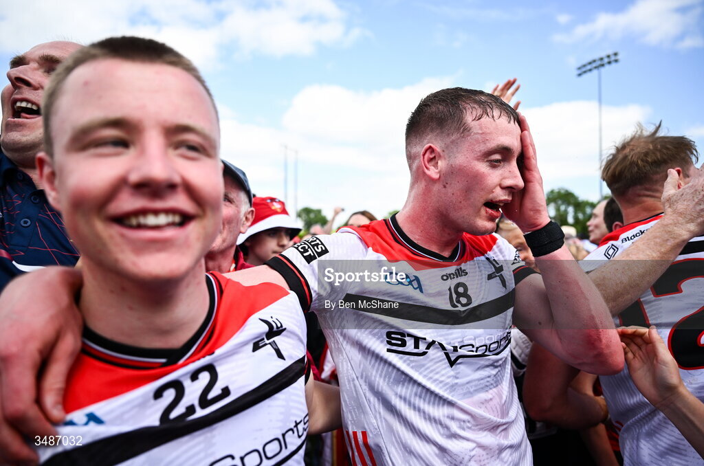 14 June 2026; Conor MacCriosta, left, and Ciaran Byrne of Louth celebrate after the GAA Football All-Ireland Senior Championship Round 2A match between Louth and Armagh at Páirc Grattan in Inniskeen, Monaghan. Photo by Ben McShane/Sportsfile