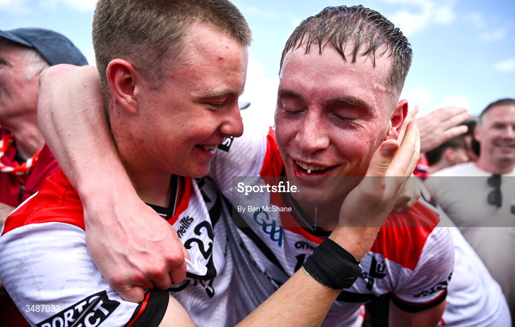 14 June 2026; Conor MacCriosta, left, and Ciaran Byrne of Louth celebrate after the GAA Football All-Ireland Senior Championship Round 2A match between Louth and Armagh at Páirc Grattan in Inniskeen, Monaghan. Photo by Ben McShane/Sportsfile