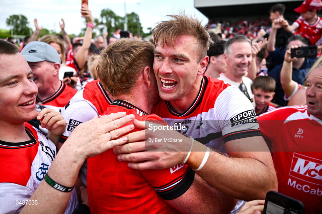 14 June 2026; Conor Grimes of Louth celebrates with supporters after the GAA Football All-Ireland Senior Championship Round 2A match between Louth and Armagh at Páirc Grattan in Inniskeen, Monaghan. Photo by Ben McShane/Sportsfile