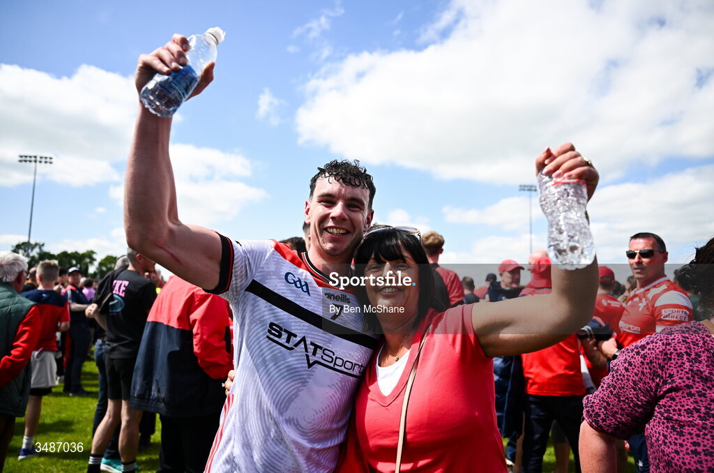 14 June 2026; Craig Lennon of Louth celebrates with his mother Vicky after the GAA Football All-Ireland Senior Championship Round 2A match between Louth and Armagh at Páirc Grattan in Inniskeen, Monaghan. Photo by Ben McShane/Sportsfile