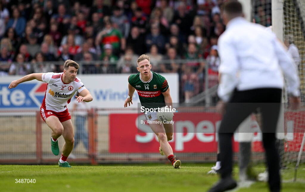 14 June 2026; Ryan O Donoghue of Mayo scores a point during the GAA Football All-Ireland Senior Championship Round 2A match between Tyrone and Mayo at O’Neills Healy Park in Omagh, Tyrone. Photo by Ramsey Cardy/Sportsfile