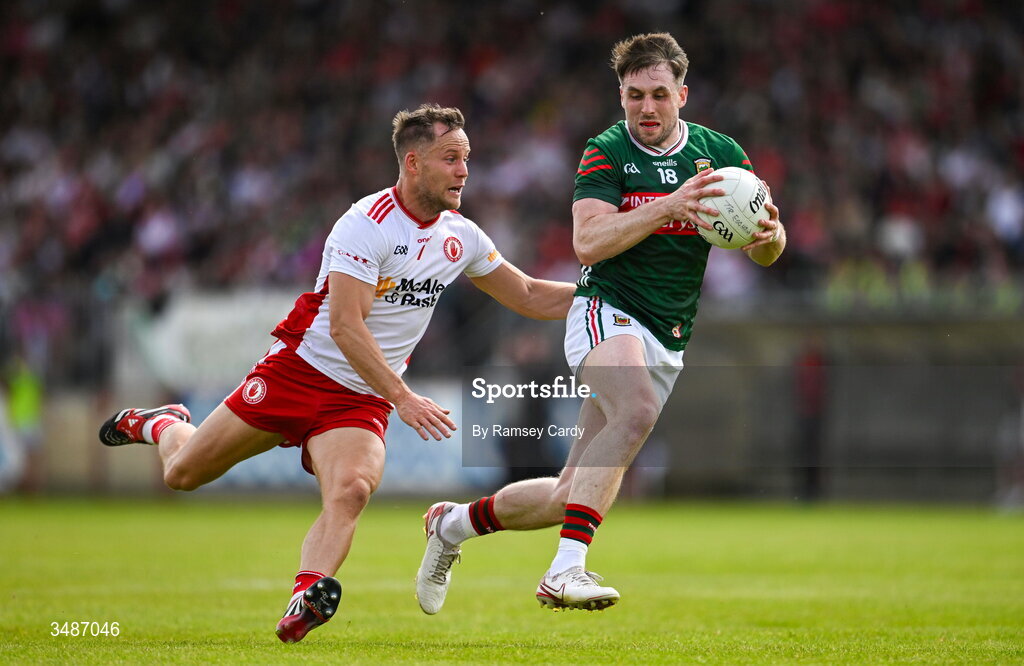 14 June 2026; Paddy Durcan of Mayo in action against Kieran McGeary of Tyrone during the GAA Football All-Ireland Senior Championship Round 2A match between Tyrone and Mayo at O’Neills Healy Park in Omagh, Tyrone. Photo by Ramsey Cardy/Sportsfile