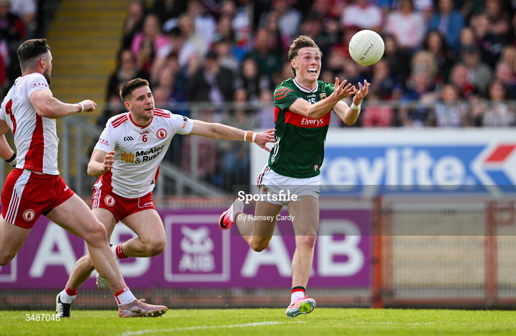 14 June 2026; Kobe McDonald of Mayo scores a point during the GAA Football All-Ireland Senior Championship Round 2A match between Tyrone and Mayo at O’Neills Healy Park in Omagh, Tyrone. Photo by Ramsey Cardy/Sportsfile