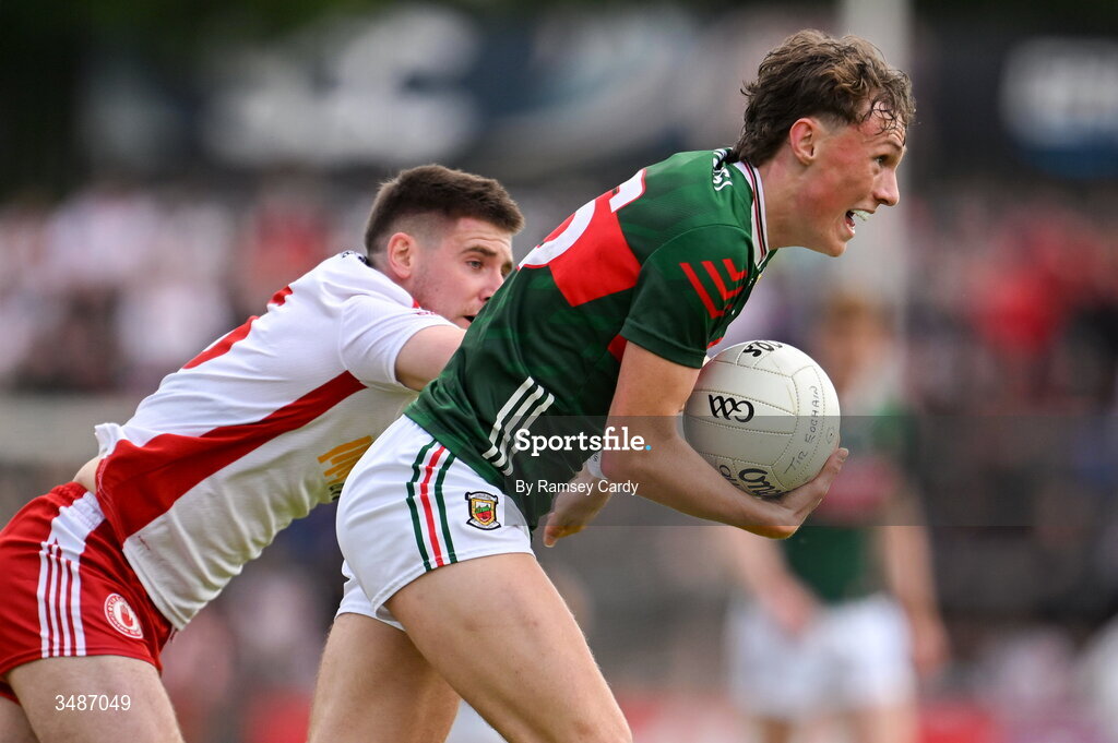 14 June 2026; Kobe McDonald of Mayo in action against Niall Devlin of Tyrone during the GAA Football All-Ireland Senior Championship Round 2A match between Tyrone and Mayo at O’Neills Healy Park in Omagh, Tyrone. Photo by Ramsey Cardy/Sportsfile