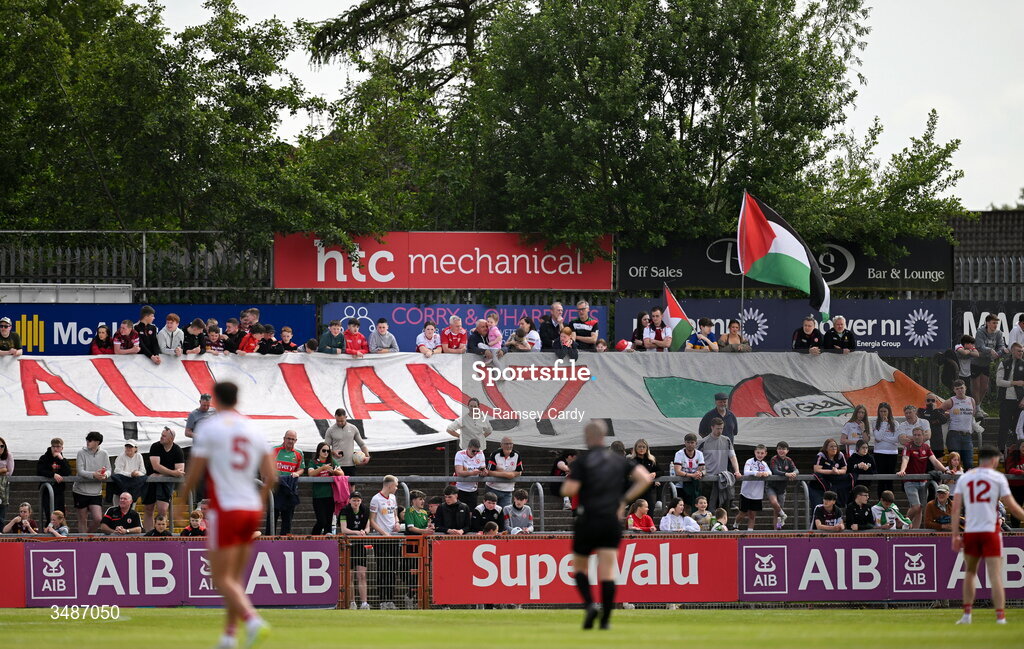 14 June 2026; A general view of an Allianz protest during the GAA Football All-Ireland Senior Championship Round 2A match between Tyrone and Mayo at O’Neills Healy Park in Omagh, Tyrone. Photo by Ramsey Cardy/Sportsfile