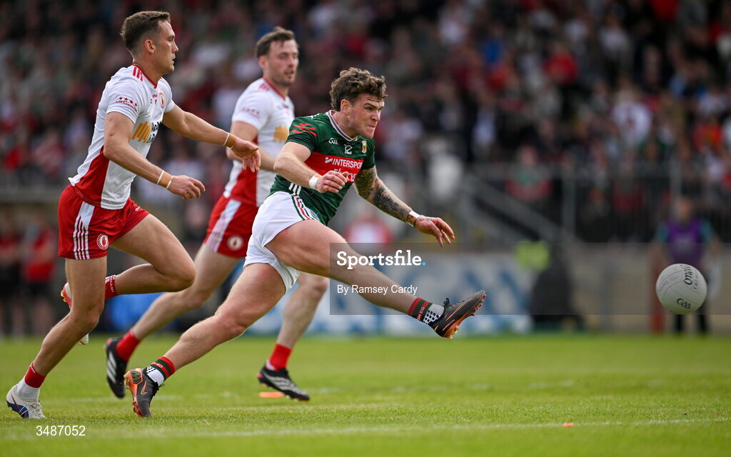 14 June 2026; Jordan Flynn of Mayo shoots at goal during the GAA Football All-Ireland Senior Championship Round 2A match between Tyrone and Mayo at O’Neills Healy Park in Omagh, Tyrone. Photo by Ramsey Cardy/Sportsfile