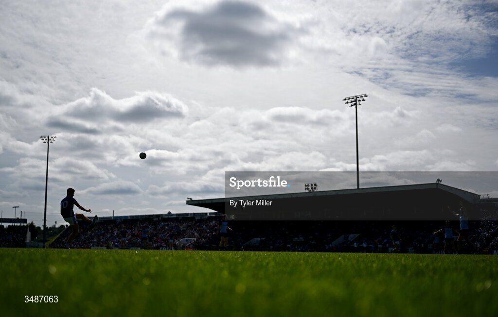 14 June 2026; Tiarnan Madden of Cavan kicks a point during the GAA Football All-Ireland Senior Championship Round 2B match between Cavan and Dublin at Kingspan Breffni in Cavan. Photo by Tyler Miller/Sportsfile