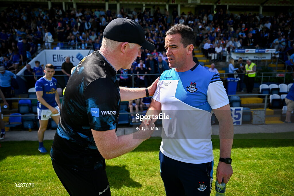 14 June 2026; Dublin manager Ger Brennan and Cavan manager Dermot McCabe after the GAA Football All-Ireland Senior Championship Round 2B match between Cavan and Dublin at Kingspan Breffni in Cavan. Photo by Tyler Miller/Sportsfile