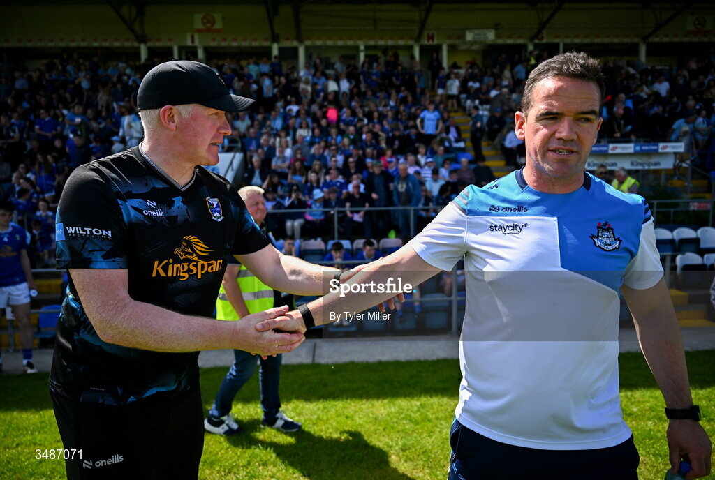 14 June 2026; Dublin manager Ger Brennan and Cavan manager Dermot McCabe after the GAA Football All-Ireland Senior Championship Round 2B match between Cavan and Dublin at Kingspan Breffni in Cavan. Photo by Tyler Miller/Sportsfile