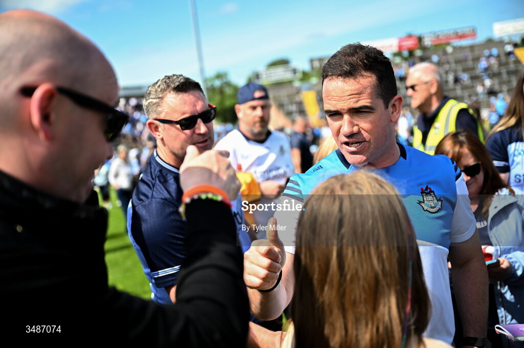 14 June 2026; Dublin manager Ger Brennan with The Lord Mayor of Dublin Councillor Ray McAdam after the GAA Football All-Ireland Senior Championship Round 2B match between Cavan and Dublin at Kingspan Breffni in Cavan. Photo by Tyler Miller/Sportsfile