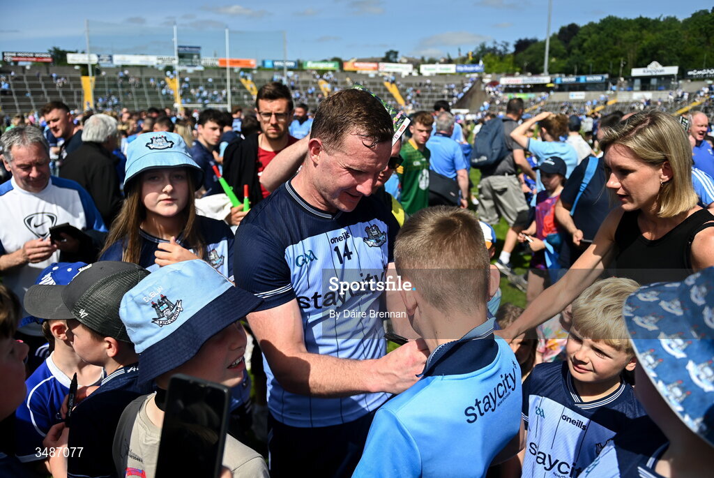 14 June 2026; Ciarán Kilkenny of Dublin signs autographs after the GAA Football All-Ireland Senior Championship Round 2B match between Cavan and Dublin at Kingspan Breffni in Cavan. Photo by Daire Brennan/Sportsfile