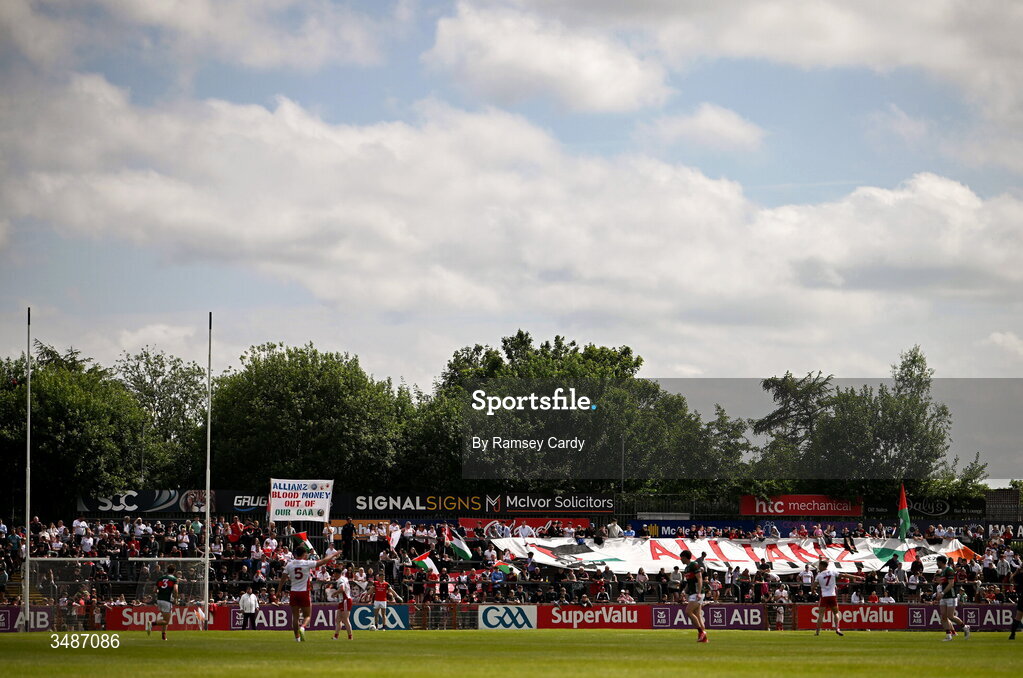 14 June 2026; A general view of an Allianz protest during the GAA Football All-Ireland Senior Championship Round 2A match between Tyrone and Mayo at O’Neills Healy Park in Omagh, Tyrone. Photo by Ramsey Cardy/Sportsfile