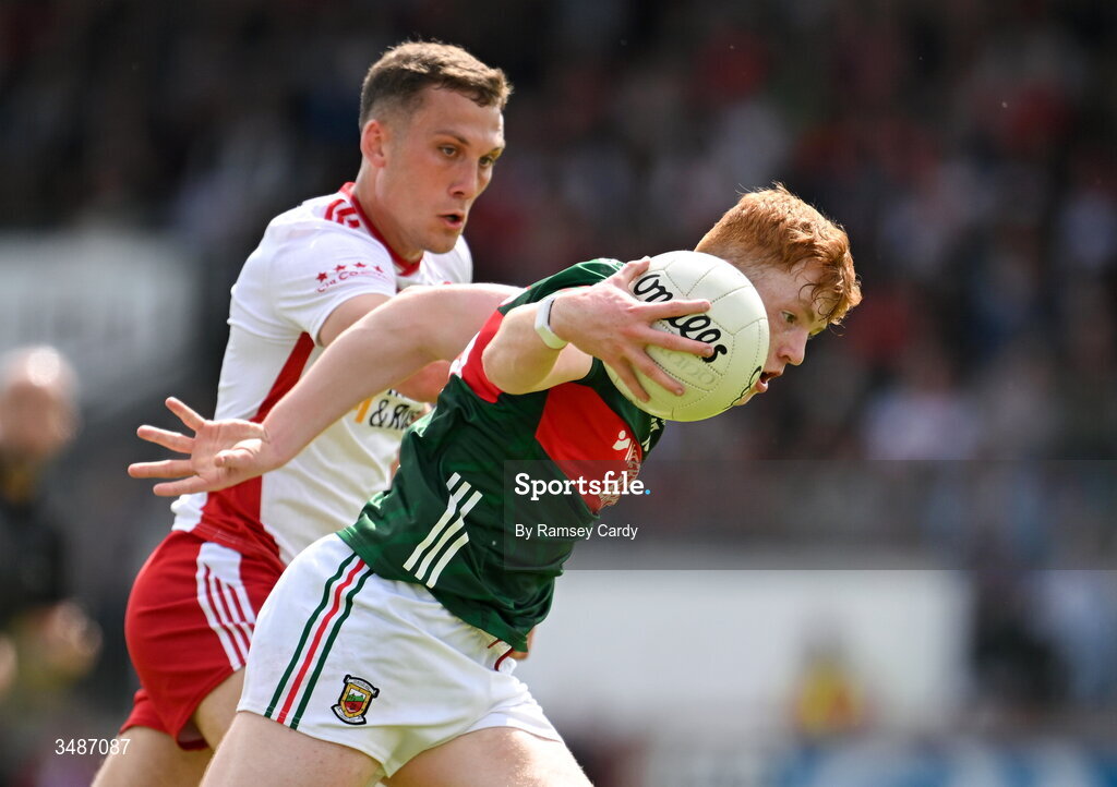 14 June 2026; Darragh Beirne of Mayo in action against Conn Kilpatrick of Tyrone during the GAA Football All-Ireland Senior Championship Round 2A match between Tyrone and Mayo at O’Neills Healy Park in Omagh, Tyrone. Photo by Ramsey Cardy/Sportsfile