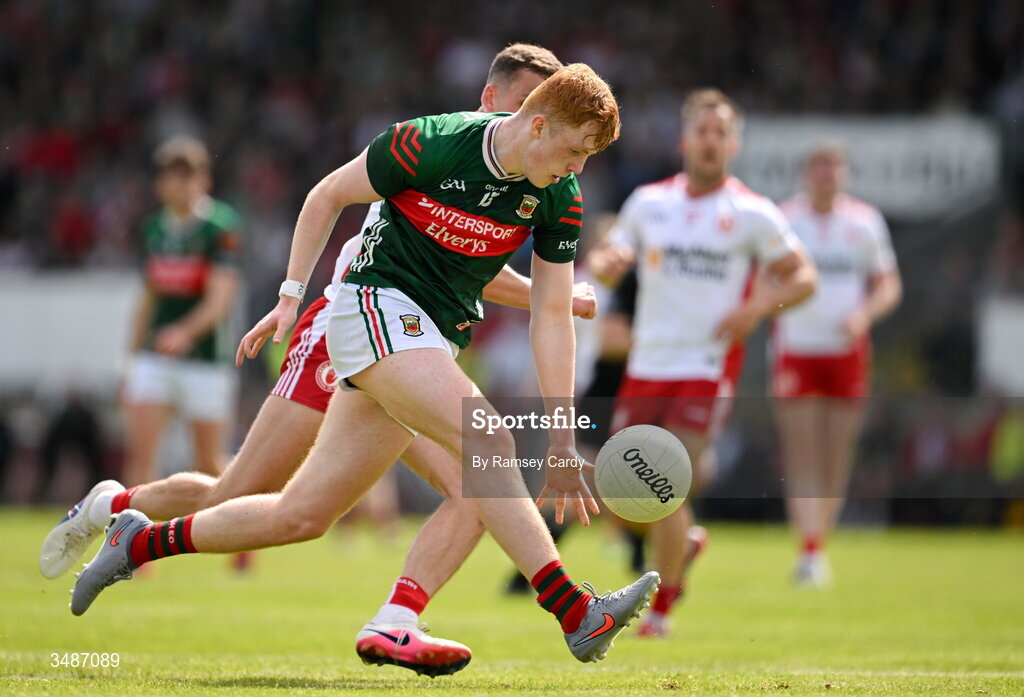 14 June 2026; Darragh Beirne of Mayo during the GAA Football All-Ireland Senior Championship Round 2A match between Tyrone and Mayo at O’Neills Healy Park in Omagh, Tyrone. Photo by Ramsey Cardy/Sportsfile
