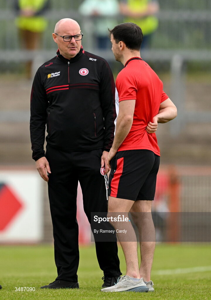 14 June 2026; Tyrone manager Malachy O'Rourke and Darragh Canavan of Tyrone before the GAA Football All-Ireland Senior Championship Round 2A match between Tyrone and Mayo at O’Neills Healy Park in Omagh, Tyrone. Photo by Ramsey Cardy/Sportsfile