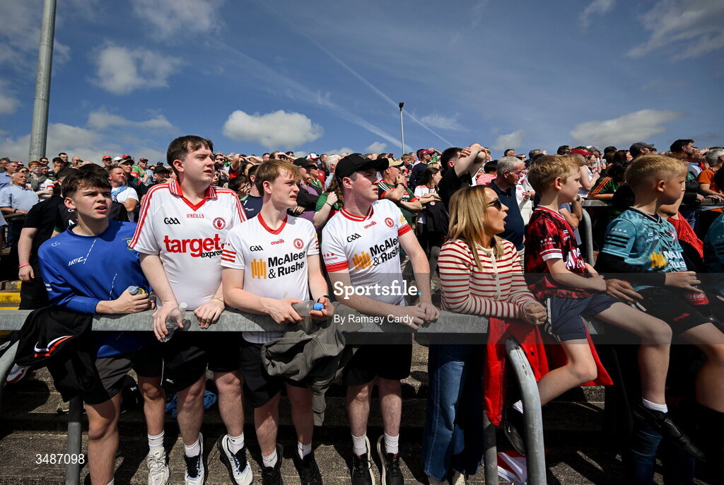 14 June 2026; Supporters watch on during the GAA Football All-Ireland Senior Championship Round 2A match between Tyrone and Mayo at O’Neills Healy Park in Omagh, Tyrone. Photo by Ramsey Cardy/Sportsfile