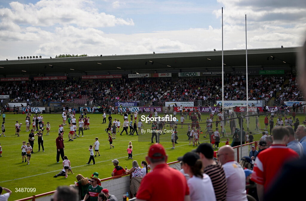 14 June 2026; Supporters on the pitch at half-time of the GAA Football All-Ireland Senior Championship Round 2A match between Tyrone and Mayo at O’Neills Healy Park in Omagh, Tyrone. Photo by Ramsey Cardy/Sportsfile