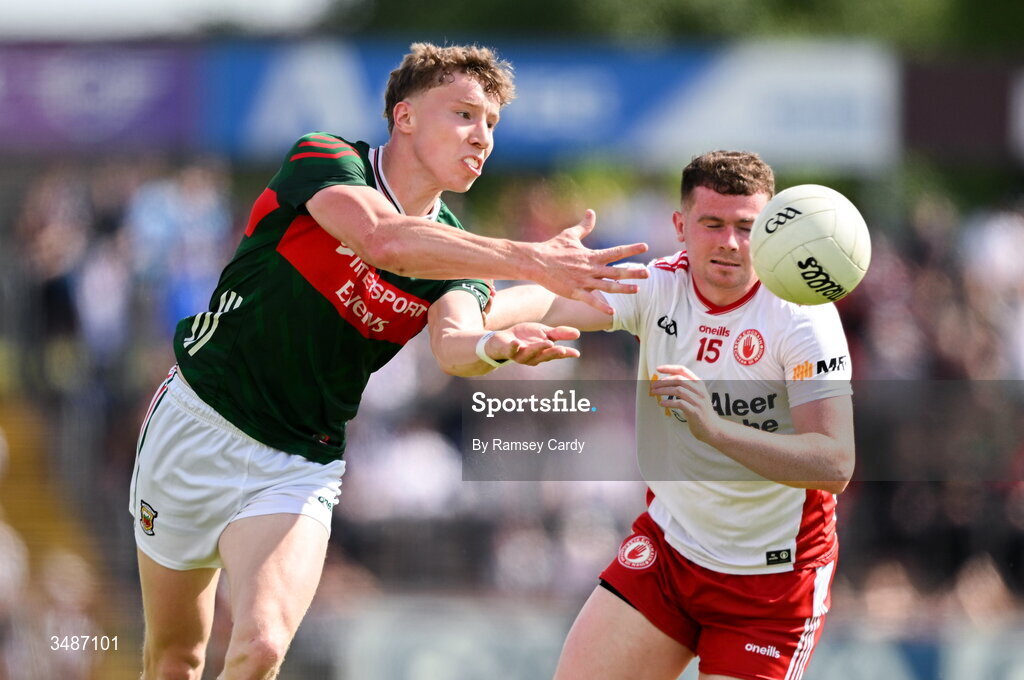 14 June 2026; Hugh O'Loughlin of Mayo in action against Ethan Jordan of Tyrone during the GAA Football All-Ireland Senior Championship Round 2A match between Tyrone and Mayo at O’Neills Healy Park in Omagh, Tyrone. Photo by Ramsey Cardy/Sportsfile