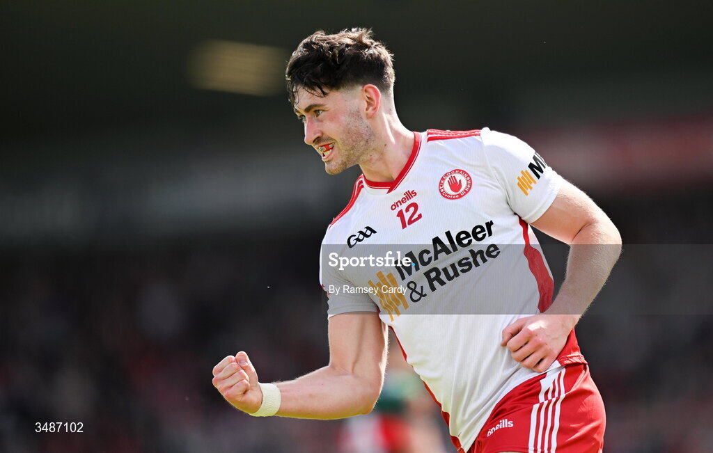 14 June 2026; Ciaran Daly of Tyrone celebrates kicking a point during the GAA Football All-Ireland Senior Championship Round 2A match between Tyrone and Mayo at O’Neills Healy Park in Omagh, Tyrone. Photo by Ramsey Cardy/Sportsfile