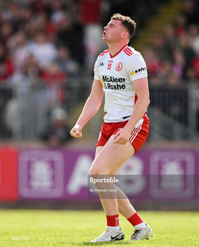14 June 2026; Ethan Jordan of Tyrone reacts after a missed goal chance during the GAA Football All-Ireland Senior Championship Round 2A match between Tyrone and Mayo at O’Neills Healy Park in Omagh, Tyrone. Photo by Ramsey Cardy/Sportsfile
