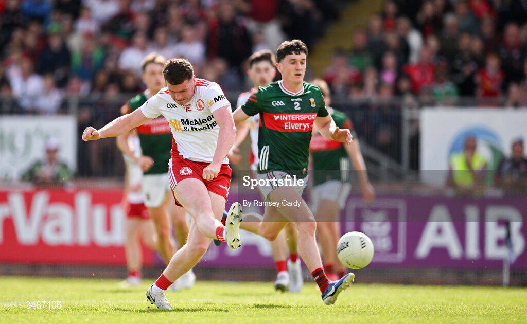 14 June 2026; Ethan Jordan of Tyrone shoots at goal during the GAA Football All-Ireland Senior Championship Round 2A match between Tyrone and Mayo at O’Neills Healy Park in Omagh, Tyrone. Photo by Ramsey Cardy/Sportsfile