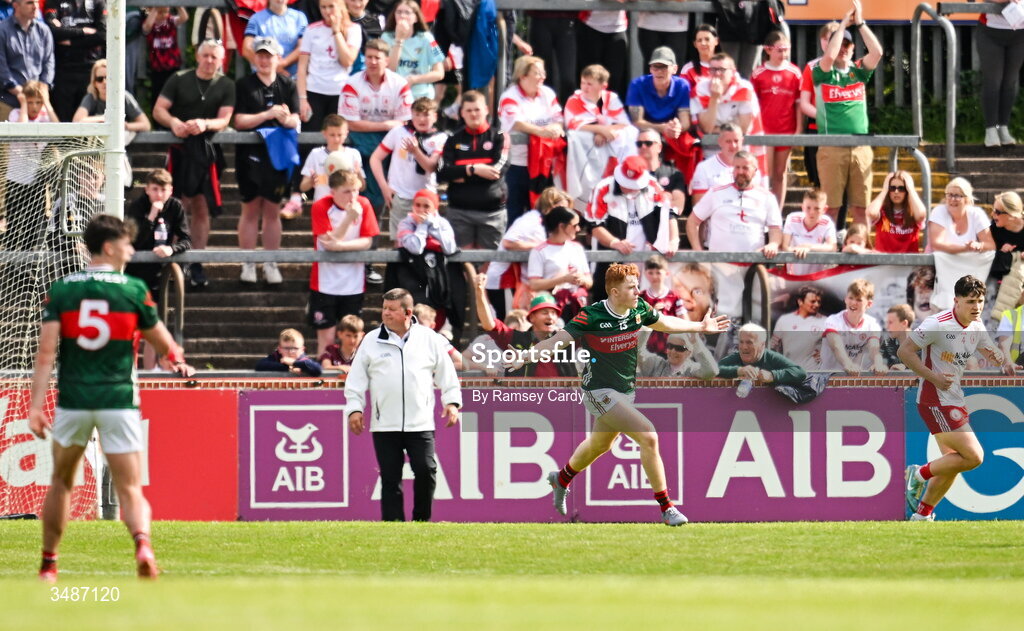 14 June 2026; Darragh Beirne of Mayo celebrates after scoring his side's first goal during the GAA Football All-Ireland Senior Championship Round 2A match between Tyrone and Mayo at O’Neills Healy Park in Omagh, Tyrone. Photo by Ramsey Cardy/Sportsfile