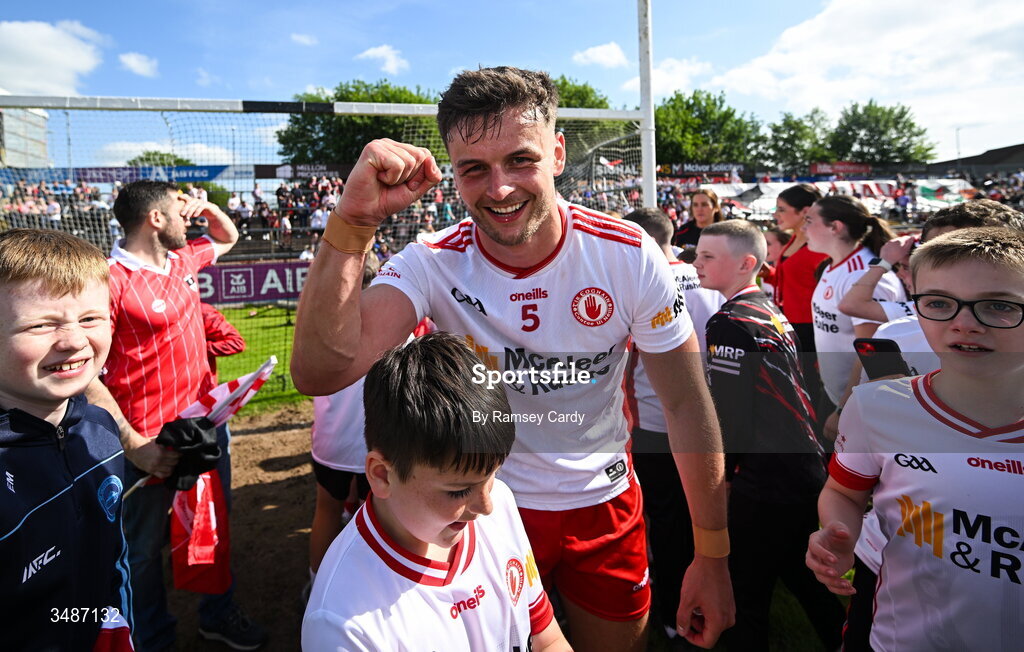 14 June 2026; Michael McKernan of Tyrone celebrates after the GAA Football All-Ireland Senior Championship Round 2A match between Tyrone and Mayo at O’Neills Healy Park in Omagh, Tyrone. Photo by Ramsey Cardy/Sportsfile