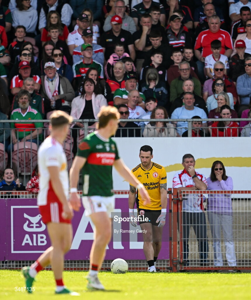 14 June 2026; Tyrone goalkeeper Niall Morgan kicks the match winning score in the GAA Football All-Ireland Senior Championship Round 2A match between Tyrone and Mayo at O’Neills Healy Park in Omagh, Tyrone. Photo by Ramsey Cardy/Sportsfile