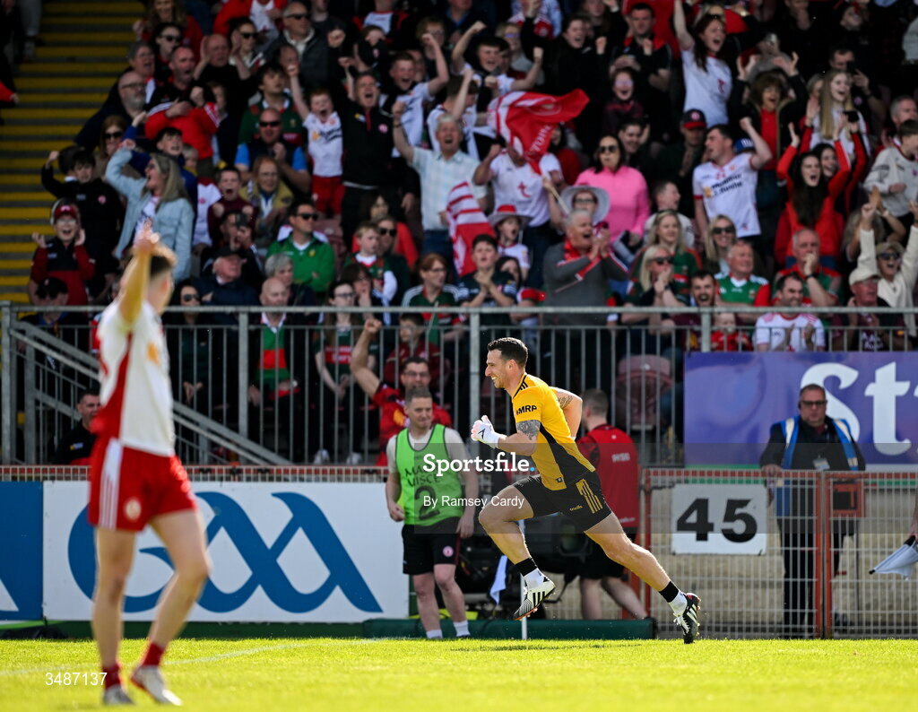 14 June 2026; Tyrone goalkeeper Niall Morgan celebrates after kicking the match winning score in the GAA Football All-Ireland Senior Championship Round 2A match between Tyrone and Mayo at O’Neills Healy Park in Omagh, Tyrone. Photo by Ramsey Cardy/Sportsfile