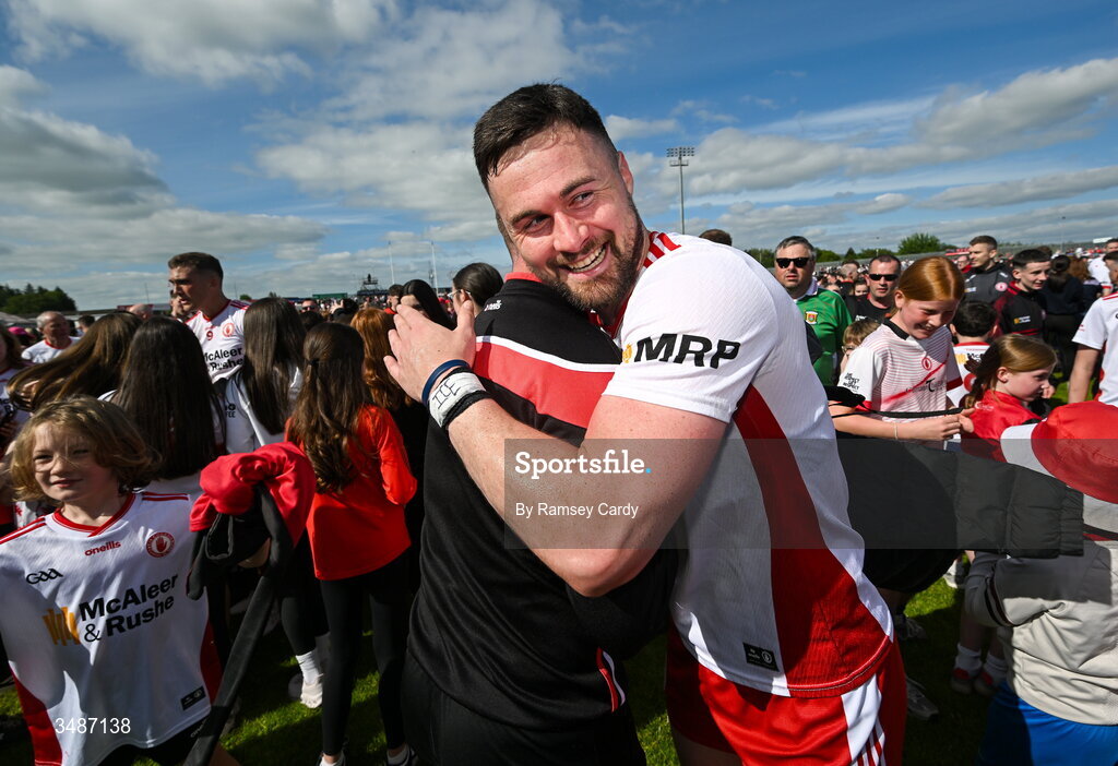 14 June 2026; Peter Teague of Tyrone celebrates after the GAA Football All-Ireland Senior Championship Round 2A match between Tyrone and Mayo at O’Neills Healy Park in Omagh, Tyrone. Photo by Ramsey Cardy/Sportsfile