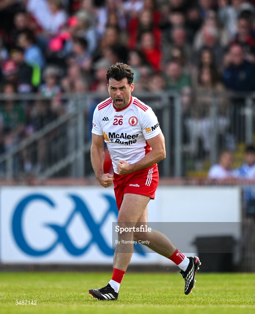 14 June 2026; Darren McCurry of Tyrone celebrates after kicking a point during the GAA Football All-Ireland Senior Championship Round 2A match between Tyrone and Mayo at O’Neills Healy Park in Omagh, Tyrone. Photo by Ramsey Cardy/Sportsfile