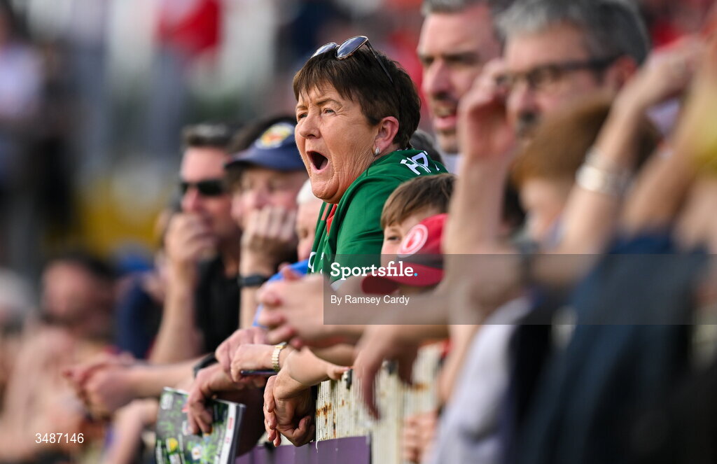 14 June 2026; A Mayo supporter during the GAA Football All-Ireland Senior Championship Round 2A match between Tyrone and Mayo at O’Neills Healy Park in Omagh, Tyrone. Photo by Ramsey Cardy/Sportsfile
