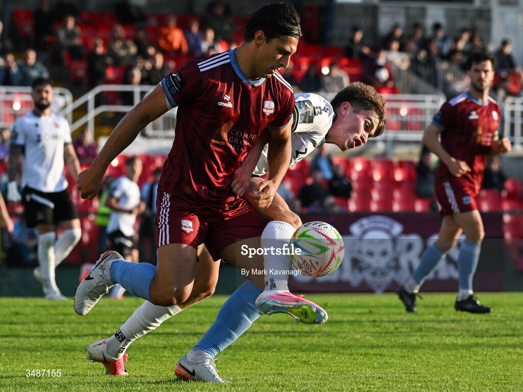 12 June 2026; Gianfranco Facchineri of Galway United in action against Eoin Kenny of Dundalk during the SSE Airtricity Men’s Premier Division match between Galway United and Dundalk at Turner's Cross Stadium in Cork. Photo by Mark Kavanagh/Sportsfile