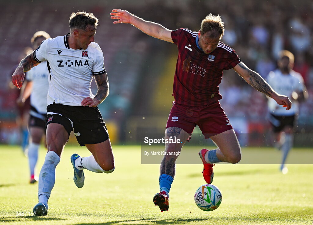 12 June 2026; Stephen Walsh of Galway United in action against Rob Cornwall of Dundalk during the SSE Airtricity Men’s Premier Division match between Galway United and Dundalk at Turner's Cross Stadium in Cork. Photo by Mark Kavanagh/Sportsfile