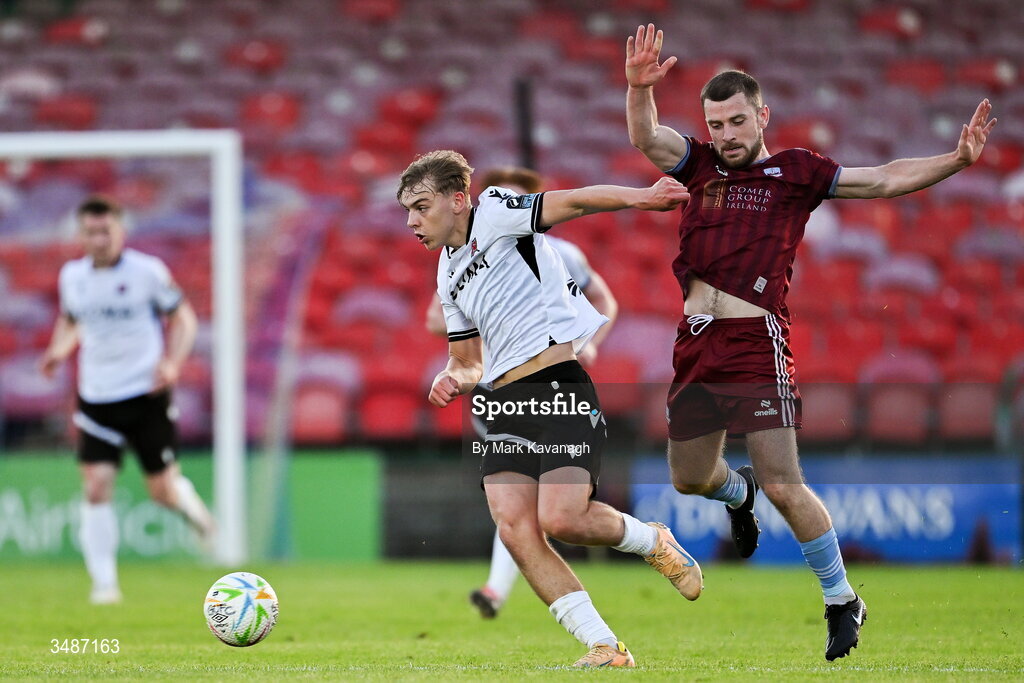 12 June 2026; Ronan Teahan of Dundalk in action against Aaron Bolger of Galway United during the SSE Airtricity Men’s Premier Division match between Galway United and Dundalk at Turner's Cross Stadium in Cork. Photo by Mark Kavanagh/Sportsfile