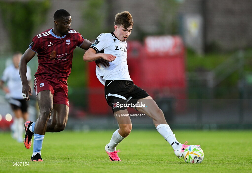 12 June 2026; Eoin Kenny of Dundalk in action against Wasiri Williams of Galway United during the SSE Airtricity Men’s Premier Division match between Galway United and Dundalk at Turner's Cross Stadium in Cork. Photo by Mark Kavanagh/Sportsfile