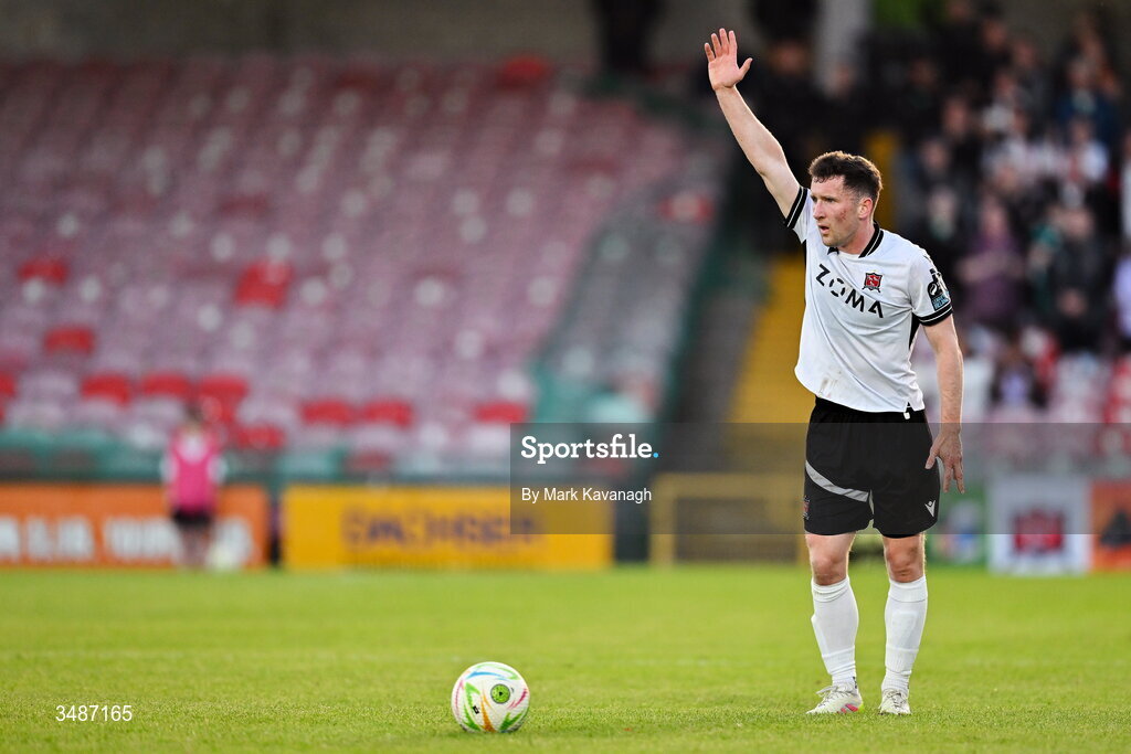 12 June 2026; Bobby Burns of Dundalk signals before taking a free kick during the SSE Airtricity Men’s Premier Division match between Galway United and Dundalk at Turner's Cross Stadium in Cork. Photo by Mark Kavanagh/Sportsfile
