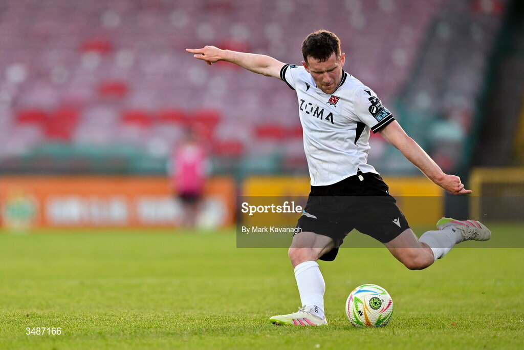 12 June 2026; Bobby Burns of Dundalk takes a free kick during the SSE Airtricity Men’s Premier Division match between Galway United and Dundalk at Turner's Cross Stadium in Cork. Photo by Mark Kavanagh/Sportsfile