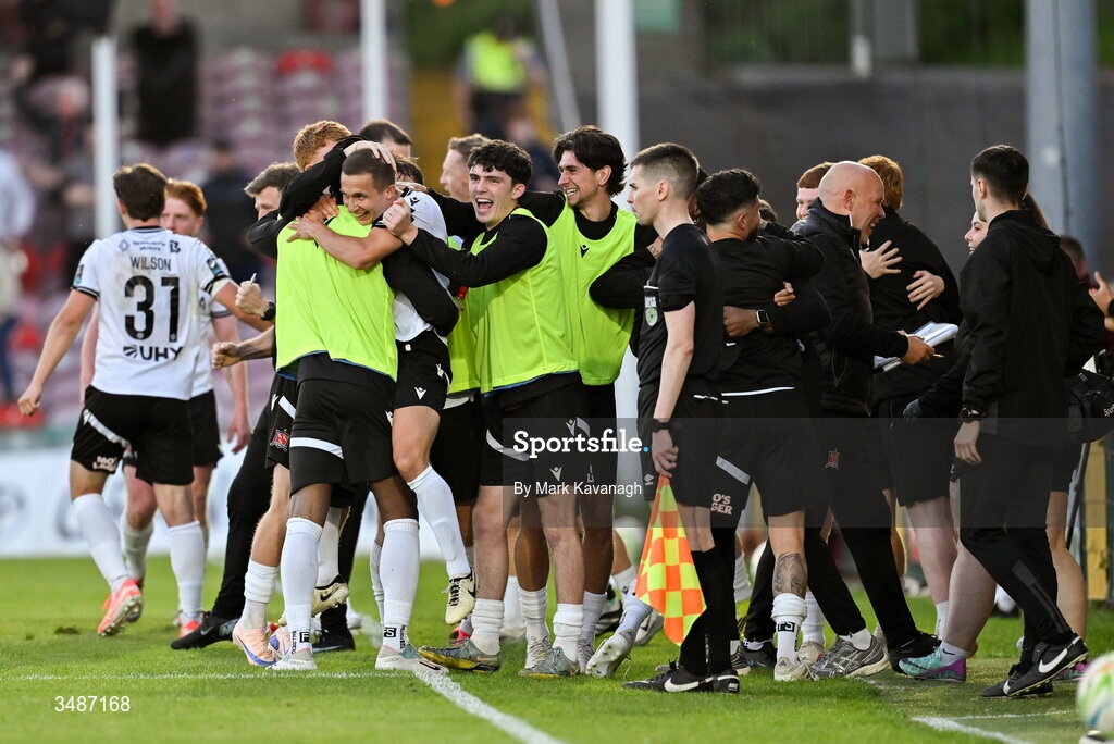 12 June 2026; Tyreke Wilson of Dundalk celebrates with his teammates after scoing his side's winning goal during the SSE Airtricity Men’s Premier Division match between Galway United and Dundalk at Turner's Cross Stadium in Cork. Photo by Mark Kavanagh/Sportsfile