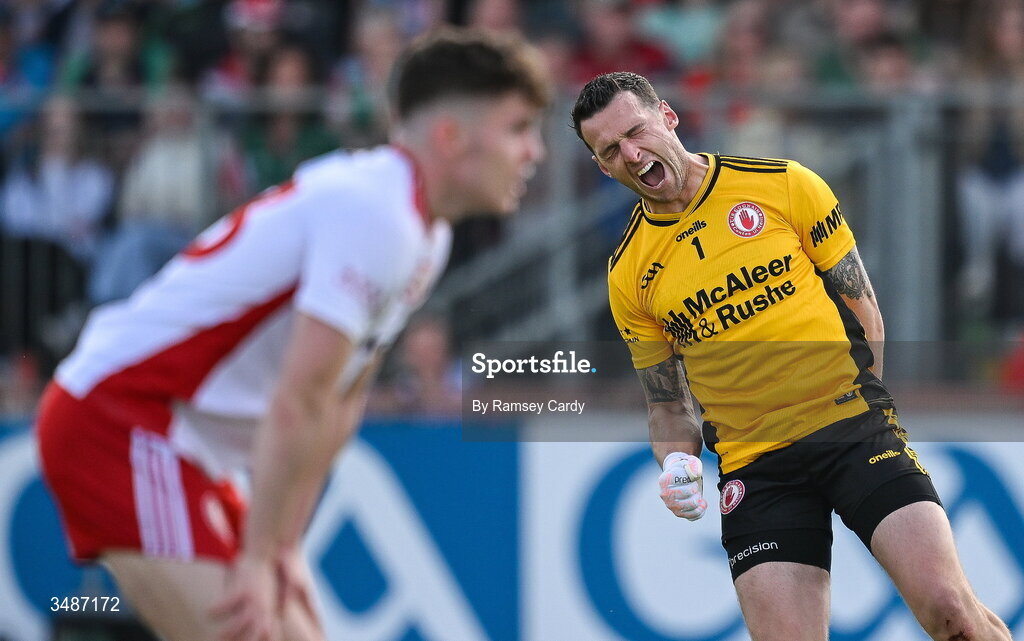 14 June 2026; Tyrone goalkeeper Niall Morgan celebrates kicking a free during the GAA Football All-Ireland Senior Championship Round 2A match between Tyrone and Mayo at O’Neills Healy Park in Omagh, Tyrone. Photo by Ramsey Cardy/Sportsfile