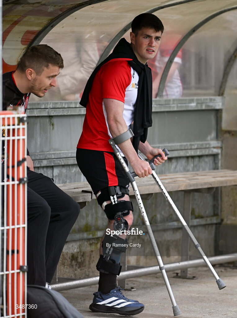 14 June 2026; Injured Tyrone player Ruairí Canavan before the GAA Football All-Ireland Senior Championship Round 2A match between Tyrone and Mayo at O’Neills Healy Park in Omagh, Tyrone. Photo by Ramsey Cardy/Sportsfile