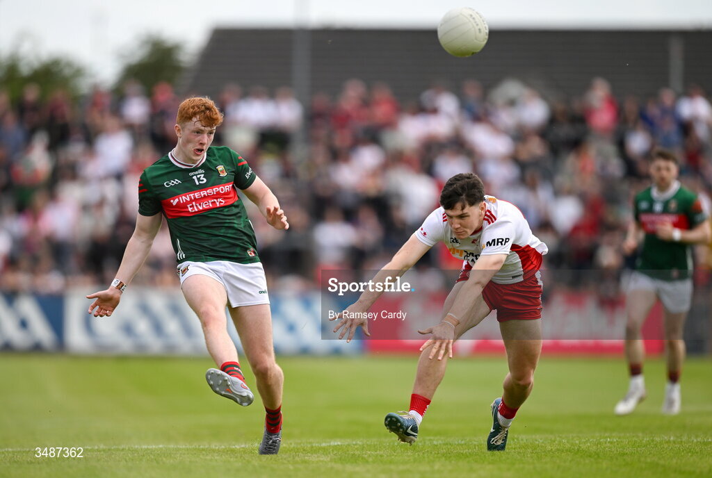 14 June 2026; Darragh Beirne of Mayo in action against Joey Clarke of Tyrone during the GAA Football All-Ireland Senior Championship Round 2A match between Tyrone and Mayo at O’Neills Healy Park in Omagh, Tyrone. Photo by Ramsey Cardy/Sportsfile