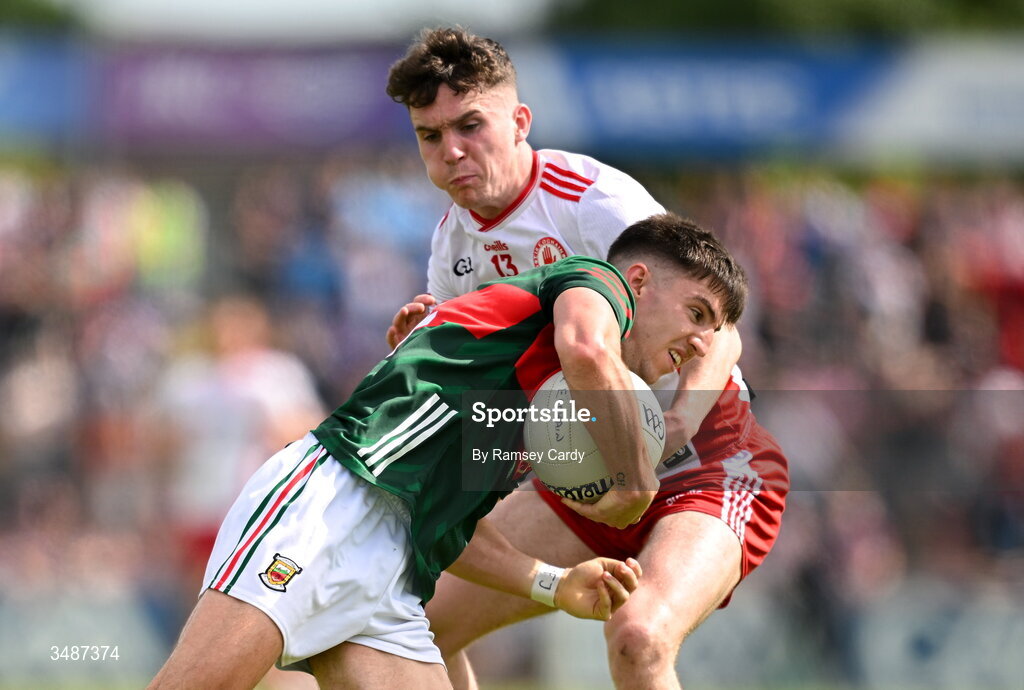 14 June 2026; Enda Hession of Mayo in action against Eoin McElholm of Tyrone during the GAA Football All-Ireland Senior Championship Round 2A match between Tyrone and Mayo at O’Neills Healy Park in Omagh, Tyrone. Photo by Ramsey Cardy/Sportsfile