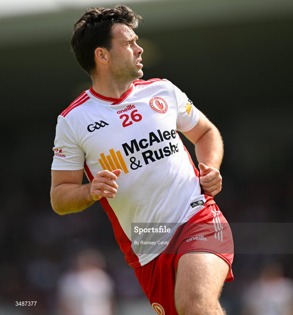 14 June 2026; Darren McCurry of Tyrone during the GAA Football All-Ireland Senior Championship Round 2A match between Tyrone and Mayo at O’Neills Healy Park in Omagh, Tyrone. Photo by Ramsey Cardy/Sportsfile